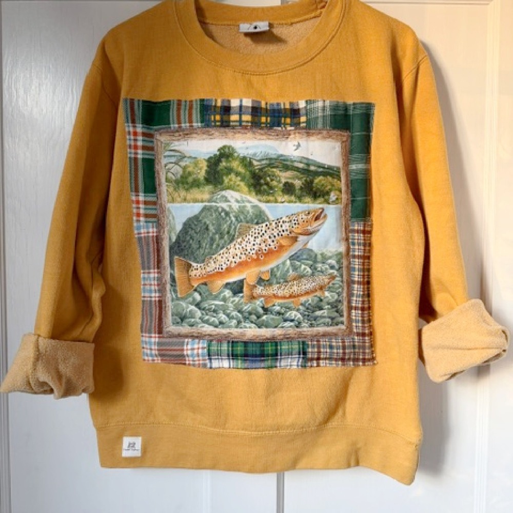Handmade Trout handmade crewneck sweatshirt in mustard, size S